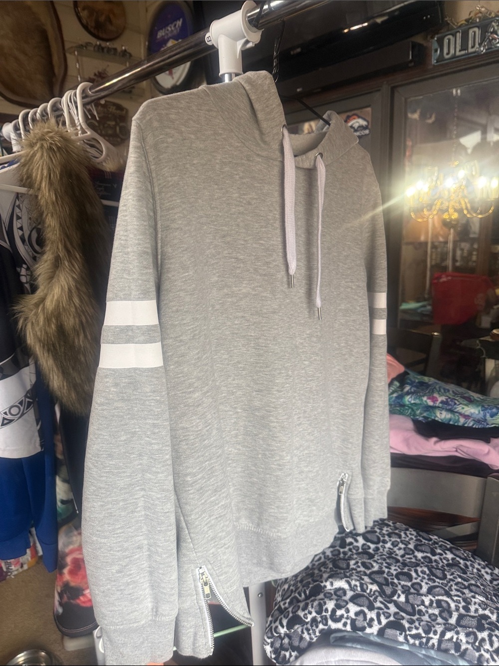 Atmosphere Gray Hooded Sweatshirt with White Sleeve Stripes